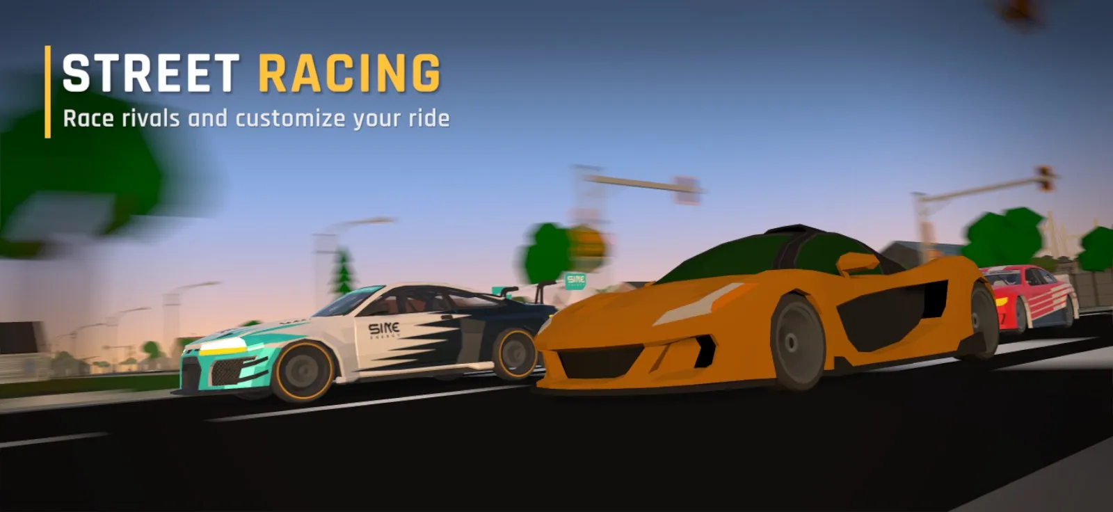 An orange supercar races a white-and-teal sports car and a red coupe down a city street at dusk.