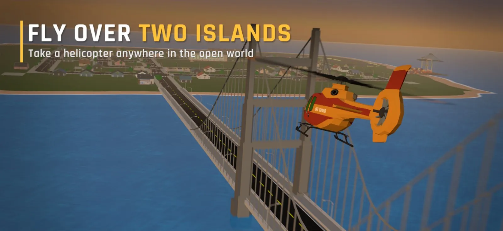 An orange lifeguard helicopter flies past a suspension bridge above blue water, with a coastal town behind it.