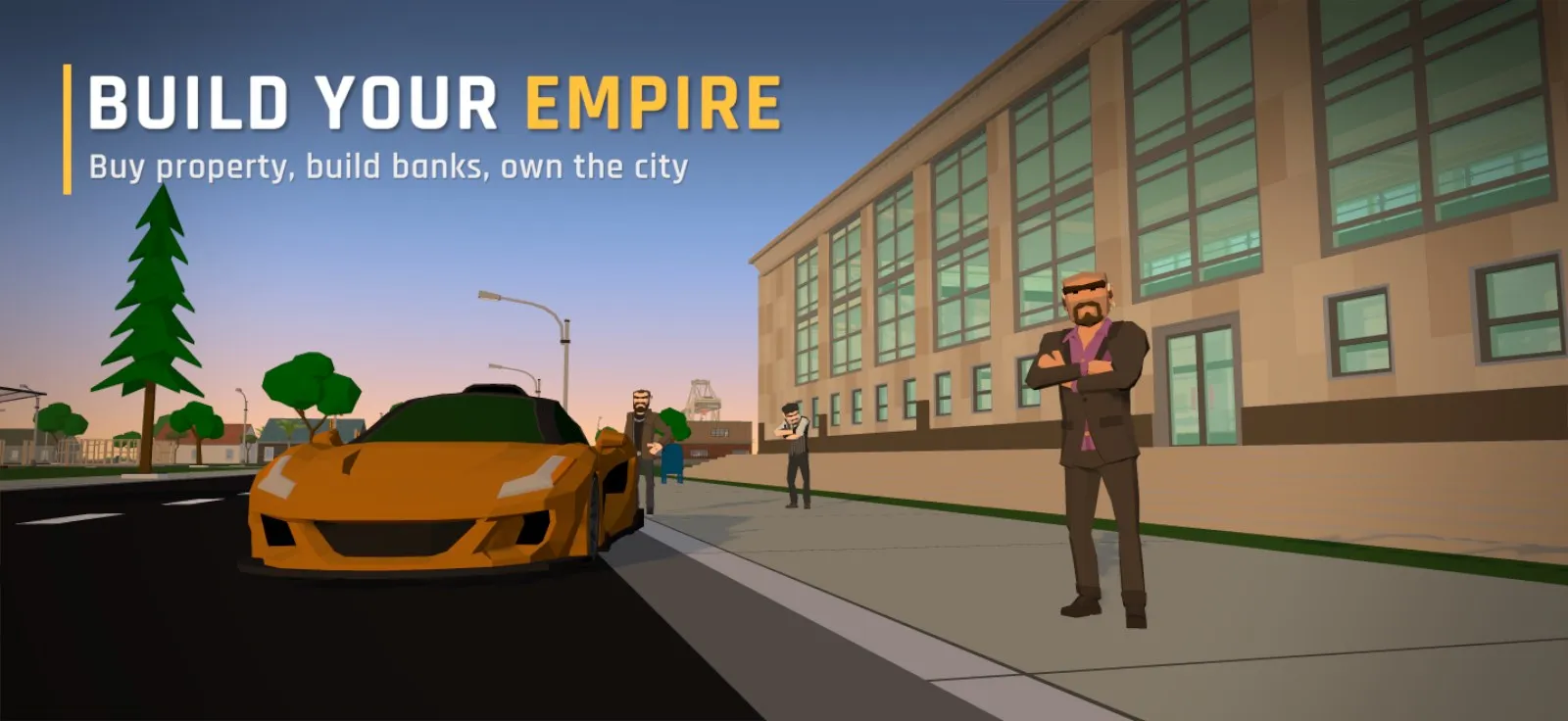 The Boss stands with his arms folded outside a large office building, beside his orange sports car.