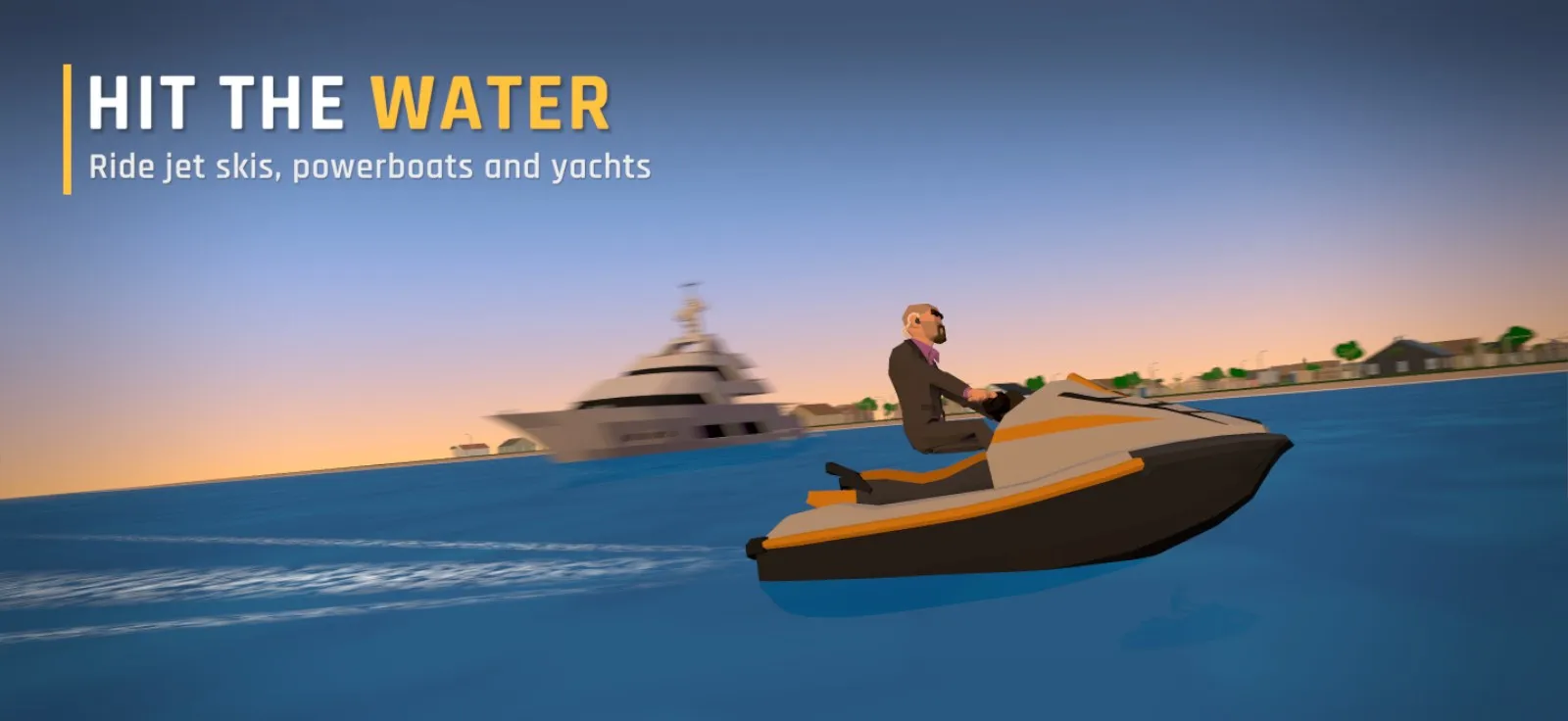 The Boss rides a jet ski across blue water at sunset, with a white yacht behind him.