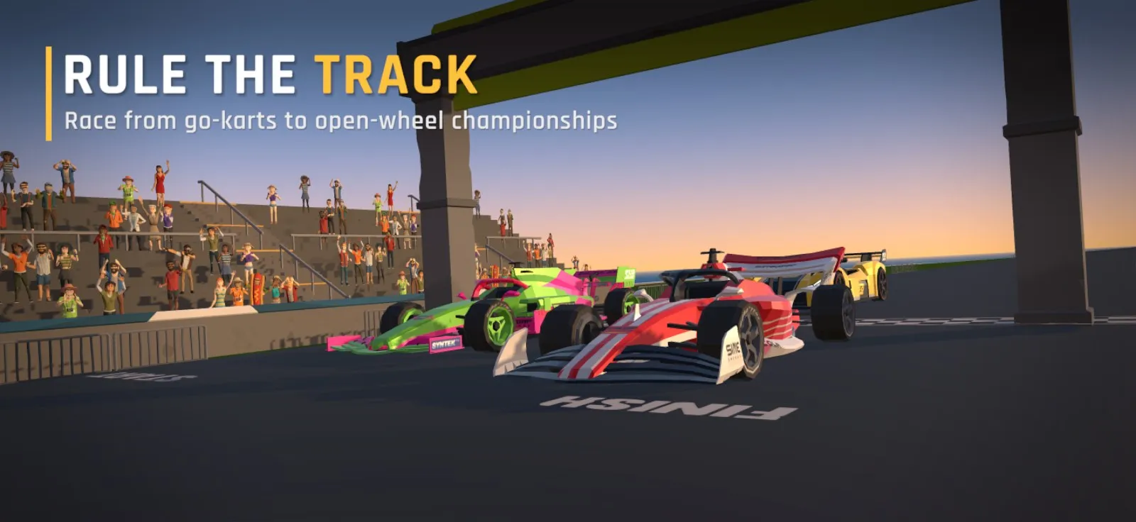 Open-wheel race cars cross the finish line in front of a cheering grandstand.