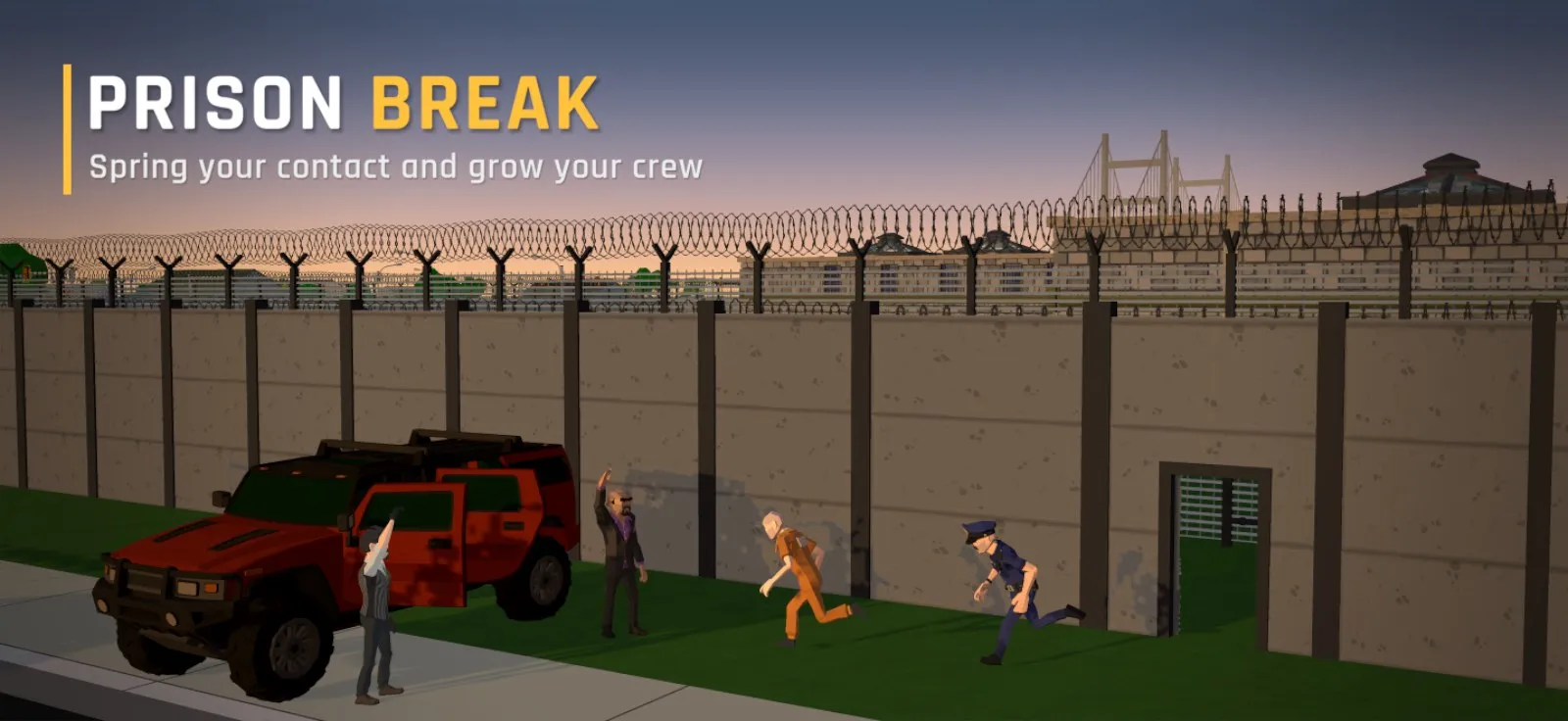 A runner in an orange jumpsuit sprints along a prison wall toward the crew and their red truck, with a police officer running after him.
