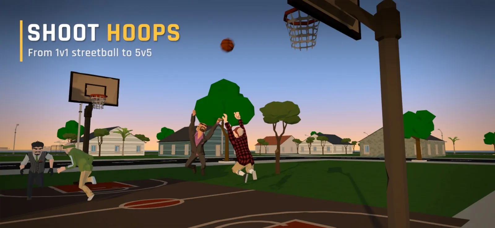 Players leap for the ball on an outdoor basketball court in a sunny neighborhood.