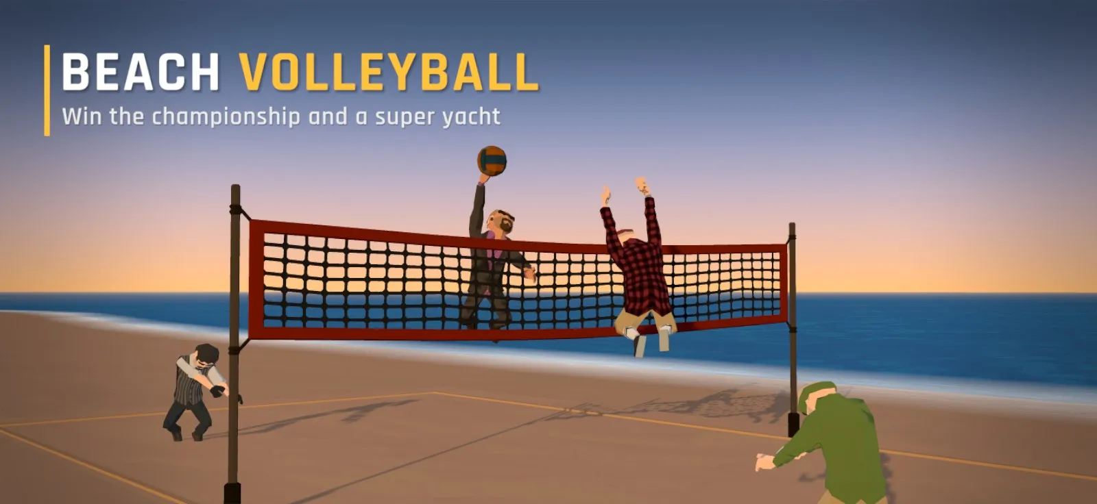 The Boss jumps to spike the ball over the net in a beach volleyball match at sunset.