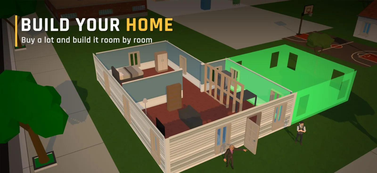A top-down view of a house being built room by room, with a green outline showing where the next room goes.